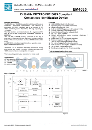 EM4035 datasheet - 13.56MHz CRYPTO ISO15693 Compliant Contactless Identification Device