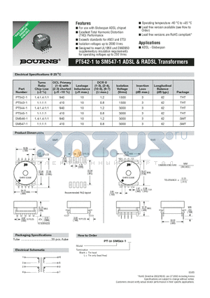 PT545-1 datasheet - ADSL & RADSL Transformers