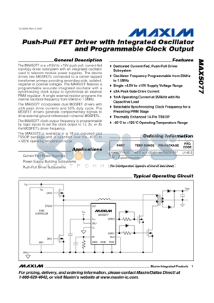 MAX5077 datasheet - Push-Pull FET Driver with Integrated Oscillator and Programmable Clock Output