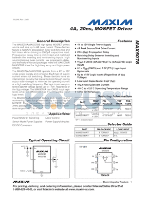 MAX5078 datasheet - 4A, 20ns, MOSFET Driver