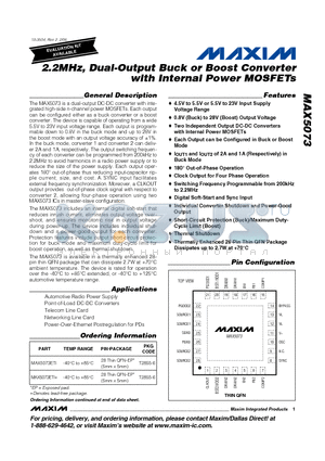 MAX5073 datasheet - 2.2MHz, Dual-Output Buck or Boost Converter with Internal Power MOSFETs