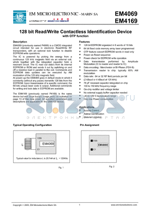 EM4069A5WS11 datasheet - 128 bit Read/Write Contactless Identification Device with OTP function