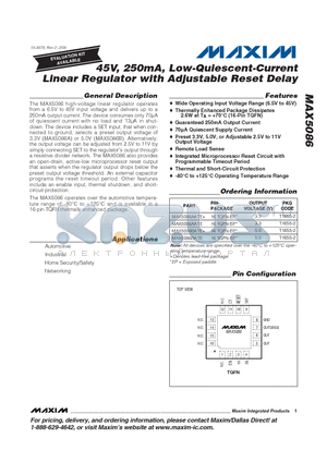 MAX5086BATE datasheet - 45V, 250mA, Low-Quiescent-Current Linear Regulator with Adjustable Reset Delay