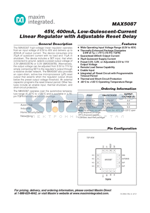 MAX5087 datasheet - 45V, 400mA, Low-Quiescent-Current Linear Regulator with Adjustable Reset Delay