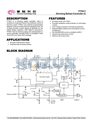 PT5611-S datasheet - Dimming Ballast Controller IC