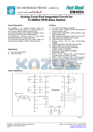 EM4094 datasheet - Analog Front End Integrated Circuit for 13.56Mhz RFID Base Station
