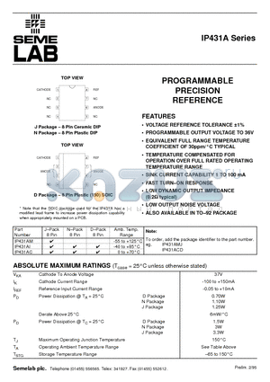 IP431AC datasheet - PROGRAMMABLE PRECISION REFERENCE
