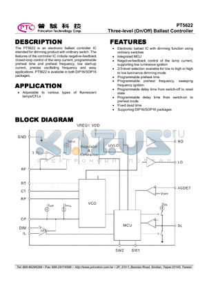 PT5622 datasheet - Three-level (On/Off) Ballast Controller