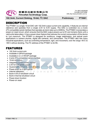 PT5661 datasheet - 102.3mA, Current Sinking, 10-bit, IbC DAC