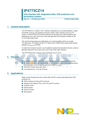 IP4773CZ14 datasheet - VGA Interface with integrated buffer, ESD protection and termination resistor