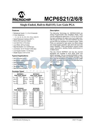 MCP6S21 datasheet - Single-Ended, Rail-to-Rail I/O, Low Gain PGA