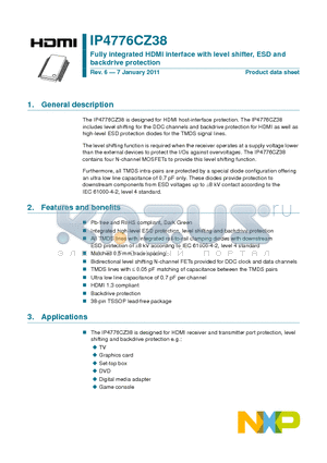 IP4776CZ38 datasheet - Fully integrated HDMI interface with level shifter, ESD and backdrive protection