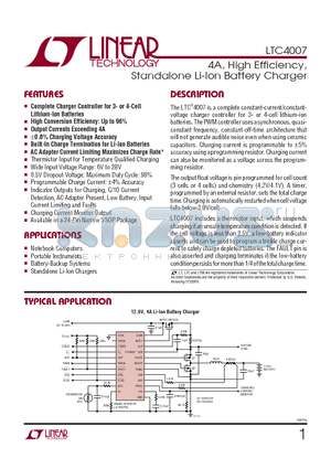 LTC4007EGN datasheet - 4A, High Efficiency, Standalone Li-Ion Battery Charger