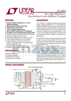 LTC4007_1 datasheet - 4A, High Efficiency, Standalone Li-Ion Battery Charger