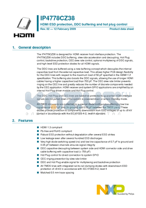 IP4778CZ38 datasheet - HDMI ESD protection, DDC buffering and hot plug control