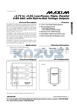 MAX5101AEUE datasheet - 2.7V to 5.5V, Low-Power, Triple, Parallel 8-Bit DAC with Rail-to-Rail Voltage Outputs
