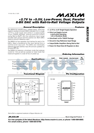 MAX5102 datasheet - 2.7V to 5.5V, Low-Power, Dual, Parallel 8-Bit DAC with Rail-to-Rail Voltage Outputs