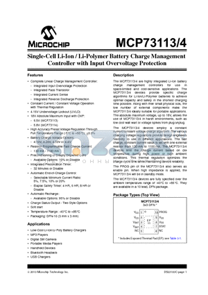 MCP73113-06SI/MF datasheet - Single-Cell Li-Ion / Li-Polymer Battery Charge Management Controller with Input Overvoltage Protection