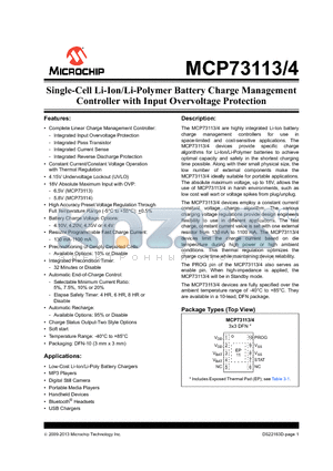 MCP73114 datasheet - Single-Cell Li-Ion/Li-Polymer Battery Charge Management Controller with Input Overvoltage Protection