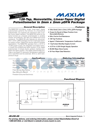 MAX5128ELA+ datasheet - 128-Tap, Nonvolatile, Linear-Taper Digital Potentiometer in 2mm x 2mm lDFN Package