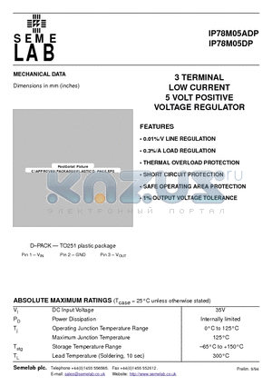 IP78M05DP datasheet - 3 TERMINAL LOW CURRENT 5 VOLT POSITIVE VOLTAGE REGULATOR