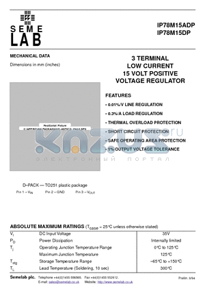 IP78M15ADP datasheet - 3 TERMINAL LOW CURRENT 15 VOLT POSITIVE VOLTAGE REGULATOR