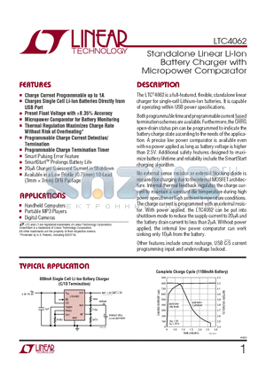 LTC4062 datasheet - Standalone Linear Li-Ion Battery Charger with Micropower Comparator