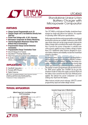 LTC4062EDD datasheet - Standalone Linear Li-Ion Battery Charger with Micropower Comparator