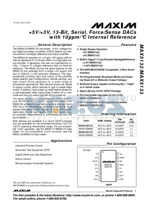 MAX5133AEEE datasheet - 5V/3V, 13-Bit, Serial, Force/Sense DACs with 10ppm/`C Internal Reference