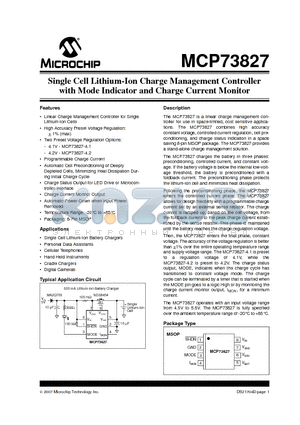 MCP73827 datasheet - Single Cell Lithium-Ion Charge Management Controller with Mode Indicator and Charge Current Monitor