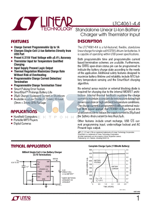 LTC4061-4.4 datasheet - Standalone Linear Li-Ion Battery Charger with Thermistor Input