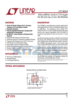 LTC4064 datasheet - Monolithic Linear Charger for Back-Up Li-Ion Batteries