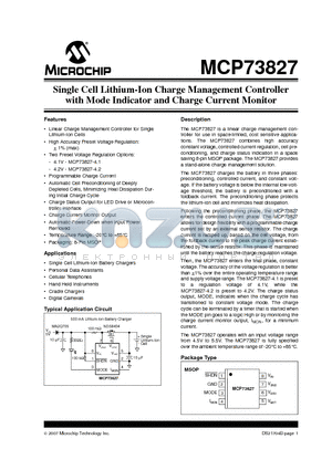 MCP73827-4.1VUA datasheet - Single Cell Lithium-Ion Charge Management Controller with Mode Indicator and Charge Current Monitor