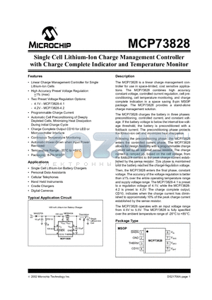 MCP73828 datasheet - Single Cell Lithium-Ion Charge Management Controller with Charge Complete Indicator and Temperature Monitor