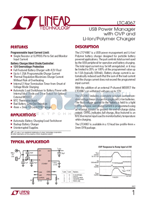 LTC4067 datasheet - USB Power Manager with OVP and Li-Ion/Polymer Charger