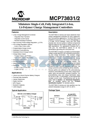 MCP73831 datasheet - Miniature Single-Cell, Fully Integrated Li-Ion, Li-Polymer Charge Management Controllers