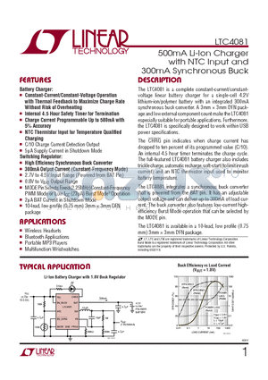 LTC4081 datasheet - 500mA Li-Ion Charger with NTC Input and 300mA Synchronous Buck