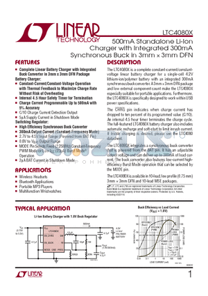 LTC4080XEDD-TRPBF datasheet - 500mA Standalone Li-Ion Charger with Integrated 300mA Synchronous Buck in 3mm  3mm DFN