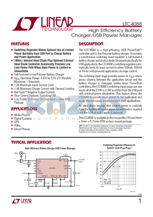 LTC4088 datasheet - High Effi ciency Battery Charger/USB Power Manager