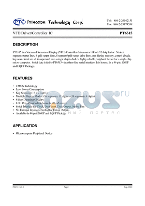 PT6315 datasheet - VFD Driver/Controller IC