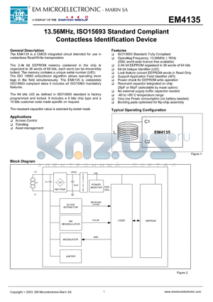 EM4135 datasheet - 13.56MHz, ISO15693 Standard Compliant Contactless Identification Device