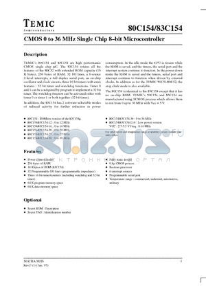 IP83C154-25 datasheet - CMOS 0 to 36 MHz Single Chip 8-bit Microcontroller