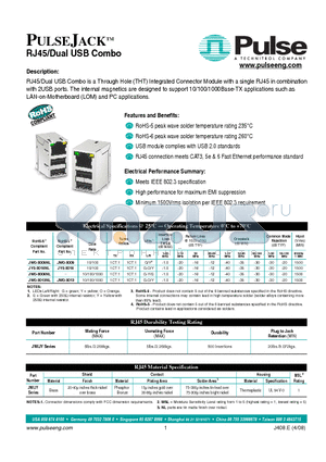 JW0-0006NL datasheet - RJ45/Dual USB Combo