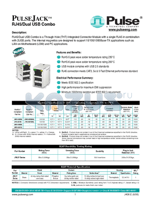 JW0-0009 datasheet - PULSEJACKTM RJ45/Dual USB Combo