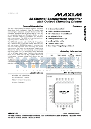 MAX5167 datasheet - 32-Channel Sample/Hold Amplifier with Output Clamping Diodes