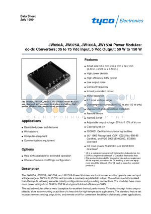 JW100A1 datasheet - Power Modules: dc-dc Converters; 36 to 75 Vdc Input, 5 Vdc Output; 50 W to 150 W