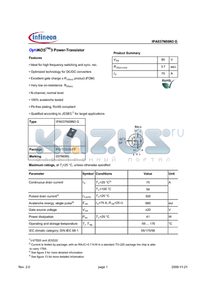 IPA037N08N3G datasheet - OptiMOS(TM)3 Power-Transistor