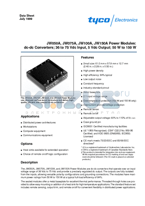 JW075A1 datasheet - Power Modules: dc-dc Converters; 36 to 75 Vdc Input, 5 Vdc Output; 50 W to 150 W