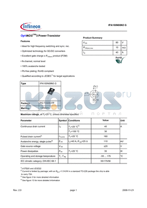IPA100N08N3G datasheet - OptiMOS(TM)3 Power-Transistor