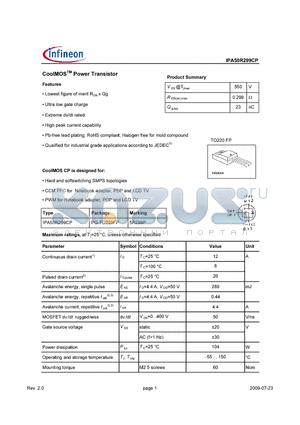 IPA50R299CP datasheet - CoolMos Power Transistor